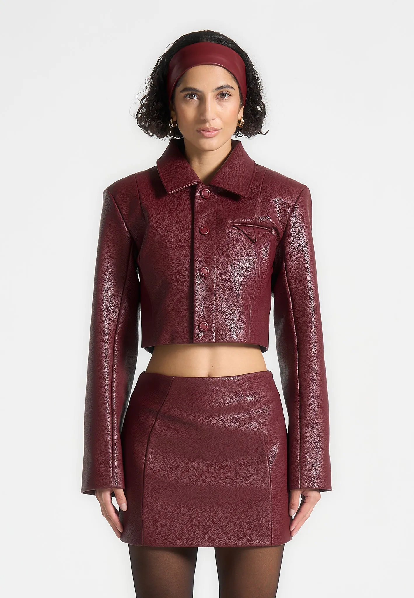 Wide Shoulder Pebbled Leather Jacket - Wine Red