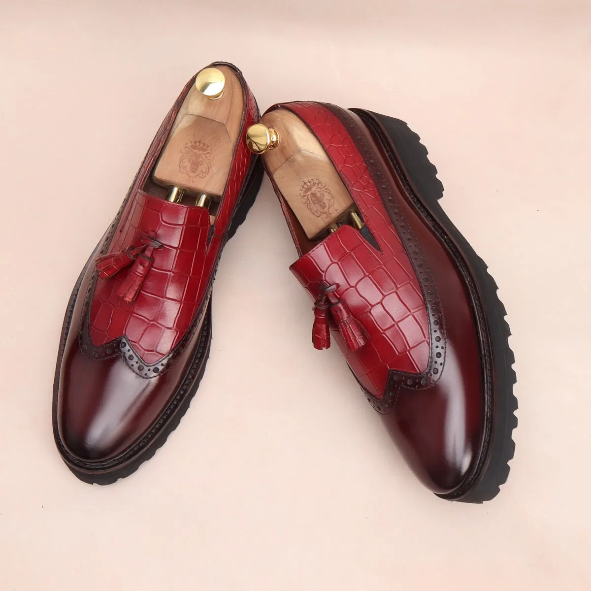 Wine Brush Off Croco Print Leather Light Weight Tassel Shoes For Men By Brune & Bareskin