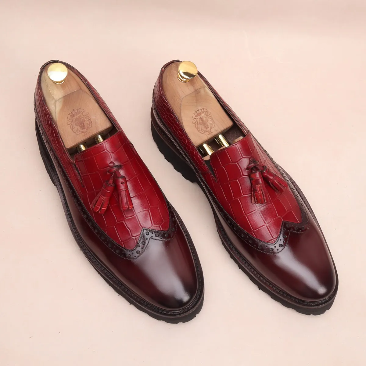 Wine Brush Off Croco Print Leather Light Weight Tassel Shoes For Men By Brune & Bareskin