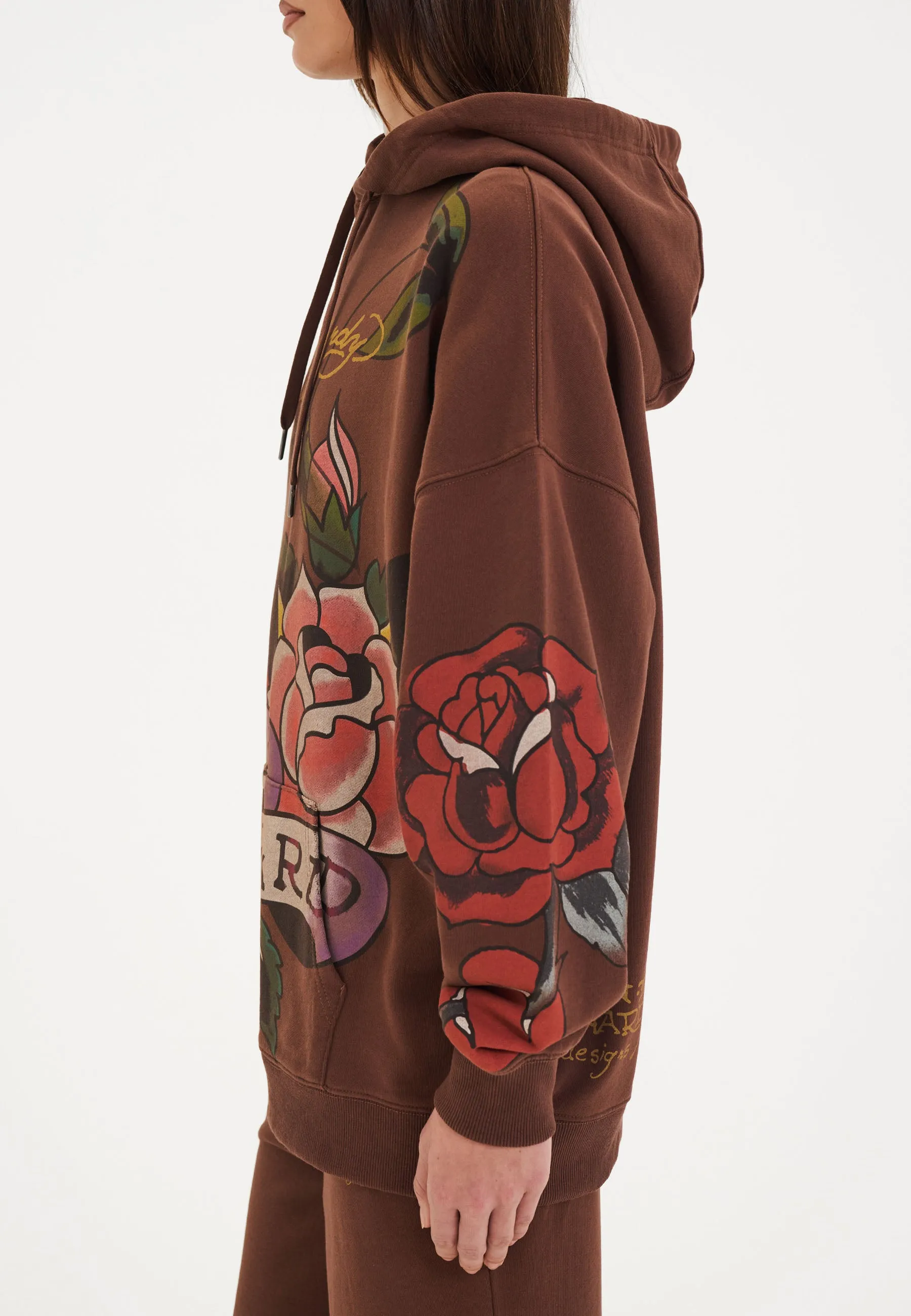 Womens Love Hard Graphic Relaxed Pouch Hoodie - Brown