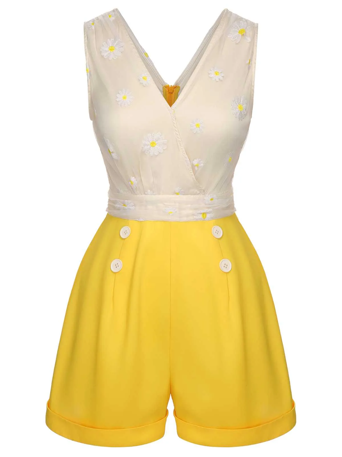 Yellow 1950s V-Neck Daisy Mesh Romper