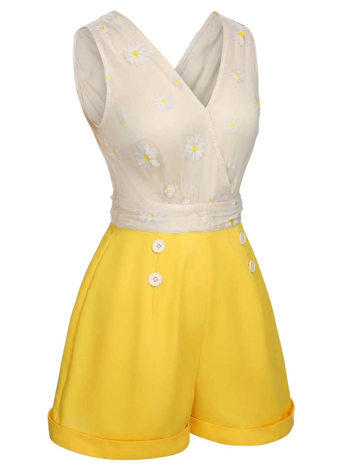 Yellow 1950s V-Neck Daisy Mesh Romper