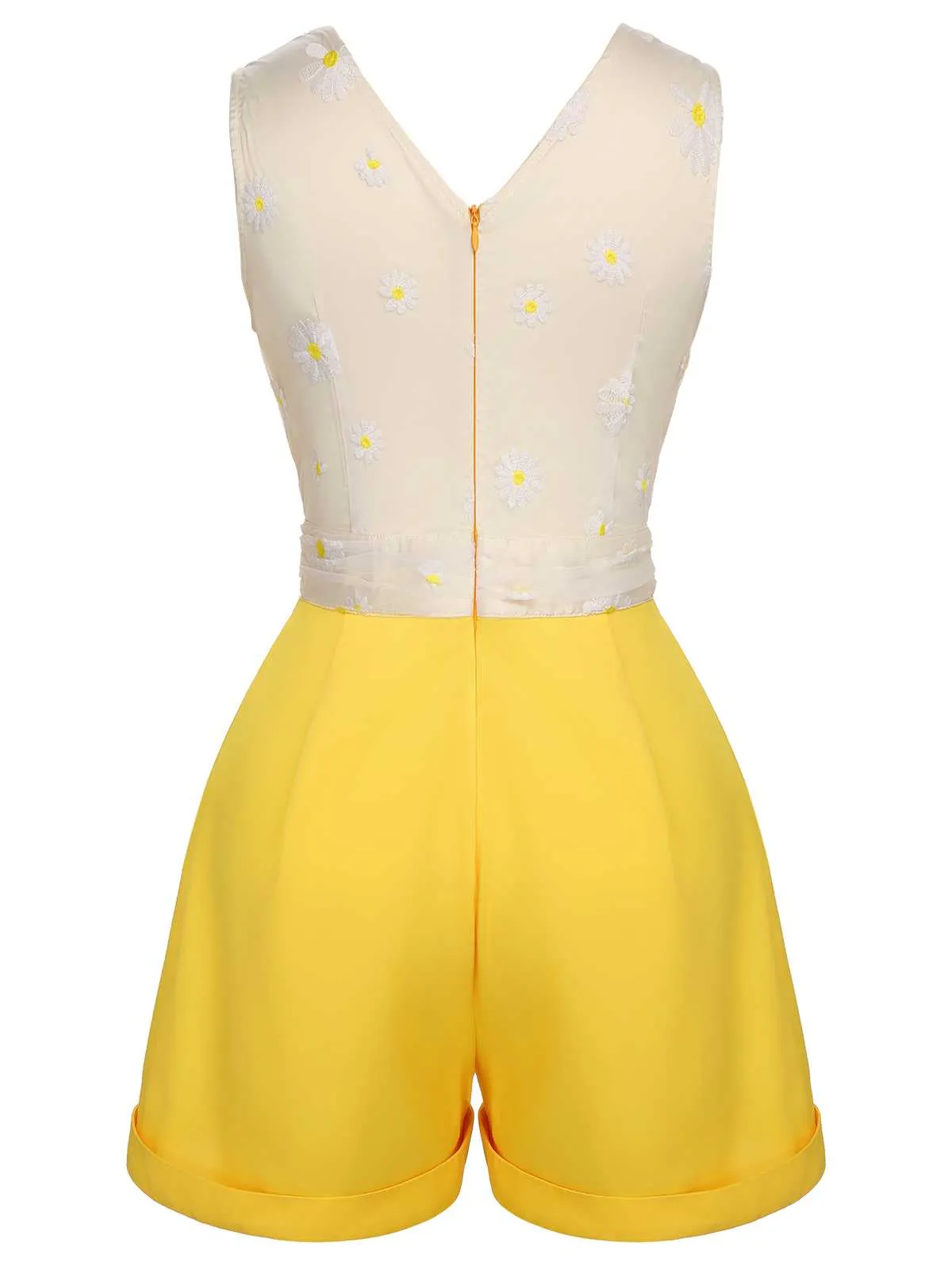 Yellow 1950s V-Neck Daisy Mesh Romper