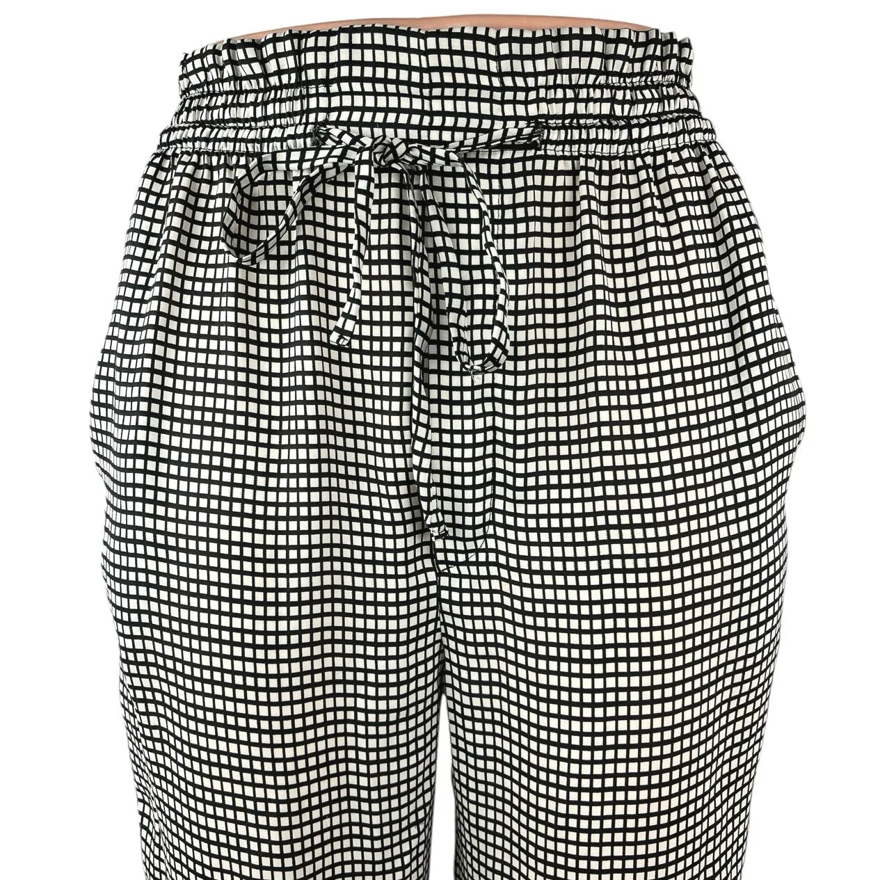 Zara Women's White Black Checkered Tapered Pull On Paperbag Trousers Pants XS